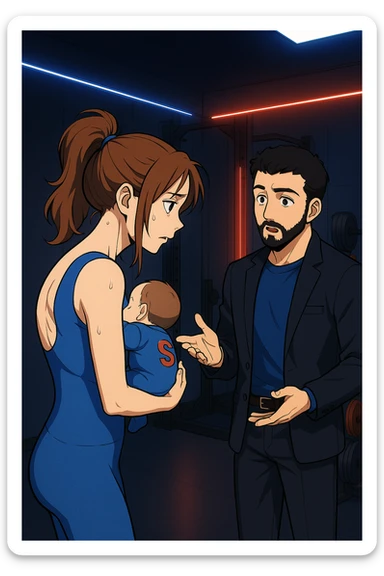 ispirati a questo stile di disegno e fai questa immagine in versione manga/webtoon a colori, il manga mostra la donna preoccupata di profilo con la postura sbagliata e incurvata, spalle chiuse e curve in avanti, con un neonato in braccio con una tutina azzurra e la scritta "S" sulla schiena, spina dorsale storta della donna in evidenza mentre ascolta l'uomo mentre l'uomo gli sta spiegando una cosa, ma non fare i fumetti, fai come se stessero parlando sticker