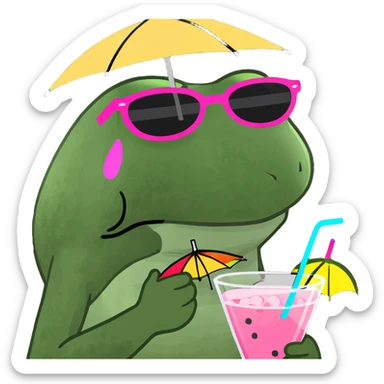 bufo frog with pink sunglasses holding a rainbow cocktail with a tiny umbrella sticker