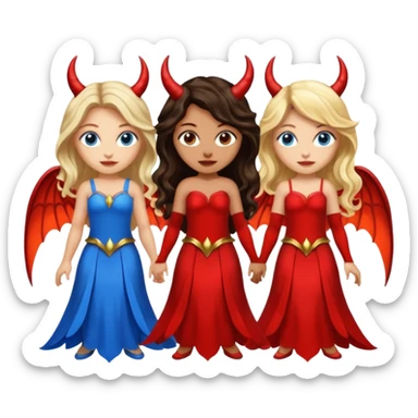 Three women as devil fairies with wings, brown eyed light skin with dark blonde long hair and Brown eyed light skin black long wavy hair and blue eyed light skin long blonde hair sticker