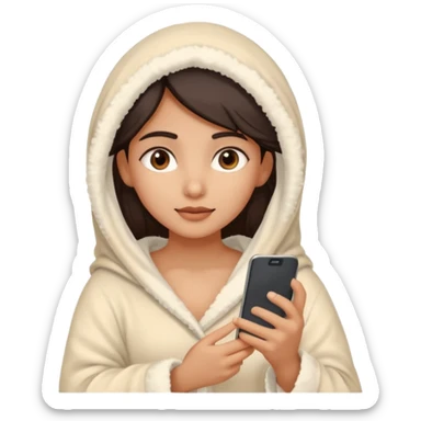 a pretty bratz fair indian girl covered in blanket, wearing beige pajamas, using phone sticker