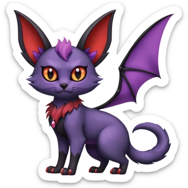 Black edgy Swoobat-Noibat-Purloin-Torracat-Lykoi-Caracal-cat-Fakemon-fusion-hybrid-creature with with tufted ears, tufted tail, bat wings as ears, head wings, ear wings, vampiric, batty, violet and red scale markings sticker