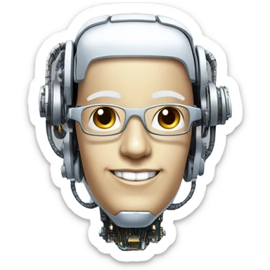 Robotic Cyborg head with fair skin, flat top haircut, rectangular glasses, circuits and smiling  sticker