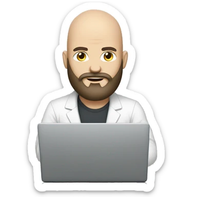 heavy set white bald guy with long dark beard behind a laptop sticker