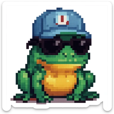 Tiny tropic frog wearing a baseball cap and sunglasses, pixel-art style sticker