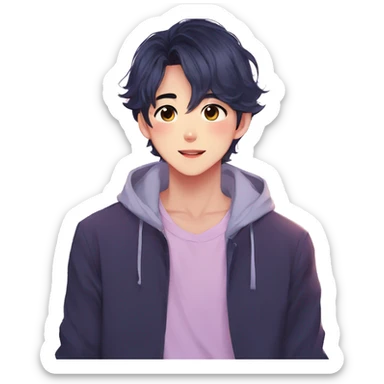 Gorgeous bright sparkly romantic Asian anime pastel guy with blushing face aesthetic trending style outside sticker