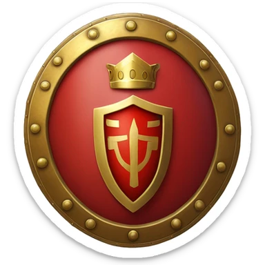 A bright red, oval-shaped Roman legionary shield with bold golden edges and a central gold boss. The shield features subtle geometric patterns and a worn texture, symbolizing both protection and battle readiness sticker