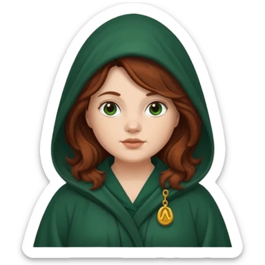 A white woman with a chubby face, with long dark auburn hair robed and hooded like she's a Traitor in the tv show The Traitors. her hair is slightly curly, but kinda frizzy, not with defined curls, and the robe is a very dark green color sticker