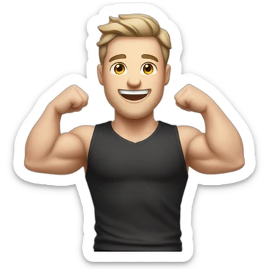 Joyful Celebrating victory Pale skinned Fit Man With the biceps and dark brown hair in black shirt, gray sports shorts and white Sneakers sticker