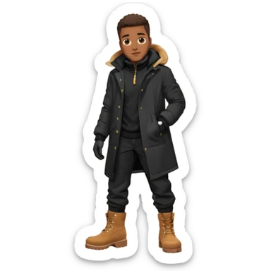 Handsome Black grown man with brown skin tone, wearing black joggers, a black weather coat, and buckwheat timberland boots, and black gloves sticker