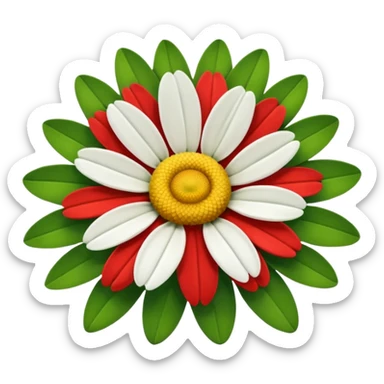 A fifteen-petalled daisy with green, red and white petals and a yellow centre.
Only the face of the daisy should be visible. sticker