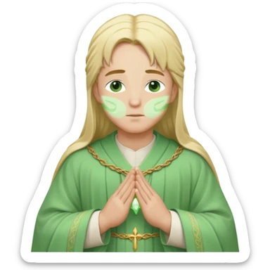 a young bishop, green eyes, long blonde hair, light green wide, flowing outer robe. hands clasped together, eys closed. Soft light, subtle fern. Waist-up, profile. sticker