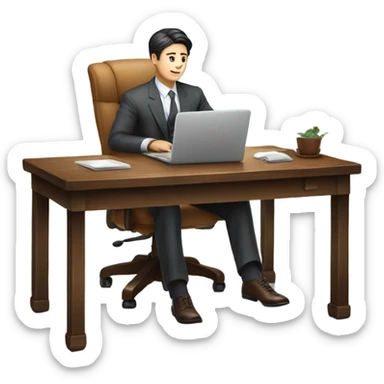 Rich man working setting on a chair and near the table with laptop he is Korean very beautiful looks like JK sticker
