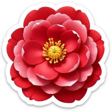 red Japanese camellia flower with layered petals and yellow stamen, flat design sticker
