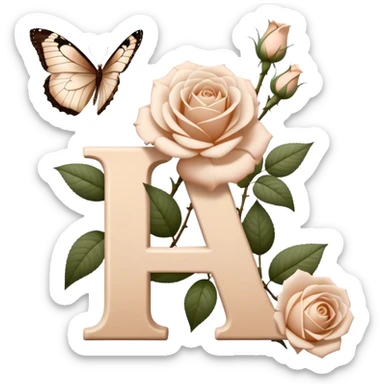 white Ascott tea rose next to a beige aesthetic vintage style letter and a brown beautiful butterfly sticker
