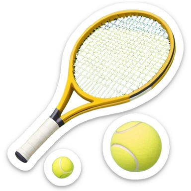 A tennis racket and ball placed on the grass court, with the lines of the court clearly visible in the background. The scene captures the essence of the sport, highlighting the equipment and the vibrant, open atmosphere of a tennis match sticker