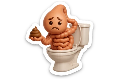 emoji stile iphone di un intestino realistico 3d che esce dal wc con in mano una montagnetta di feci con espressione triste a palline, iperrealistico 4k sticker