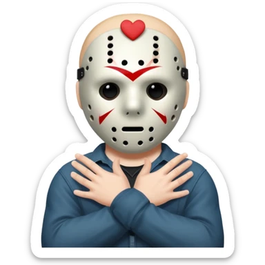 a cartoon image of Jason Voorhees, looking cute, with his hands clasped in front of him, at a sideways angle, looks like he is in love sticker