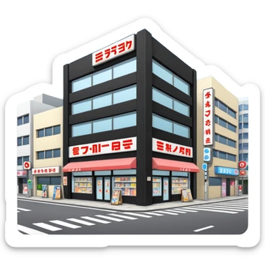 japanese anime store in modern style like in Akihabara with "anime" in japanese on a building sticker
