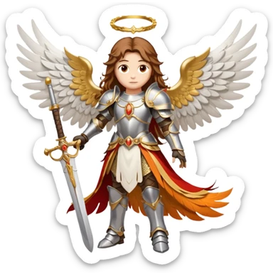 The angel has long brown hair surrounded by a golden halo and large white-and-orange feathered wings, wearing ornate silver armor with gold accents and a red sash. In its right hand it grips a white sword upright, while its left hand rests near the hilt of another weapon at its sid  sticker