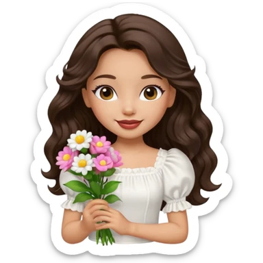 generate a pretty bratz girl with in a white puff sleeve top.  light lipgloss on . dark Brown wavy hair long. carrying flowers  sticker