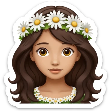 ["Medium skin tone female, long dark-brown hair with gentle waves, wearing a white daisy floral crown."] sticker