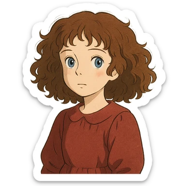 a girl with curly hair, pale skin, and blue eyes, ghibli-inspired style sticker