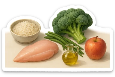 Riso basmati
Petto di pollo
Verdura fibrosa verde
Olio EVO
Mela
poggiati sul tavolo sticker