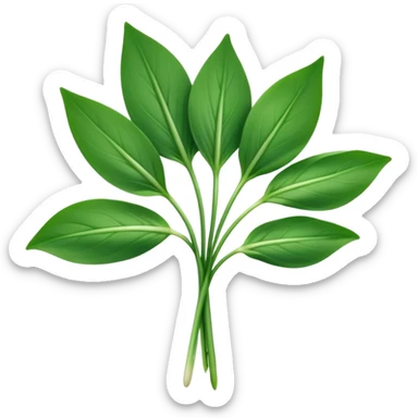 single sprig or small cluster of wild garlic leaves with smooth, elongated, lance-shaped blades, rich vibrant green color, soft central veins, fresh slightly glossy surface, gently arching from slender stems, no roots, no soil, no extras, apple emoji style, soft lighting, subtle shadows, emoji scale sticker