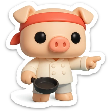 A Funko Pop-style pig chef pointing to the right, wearing a red bandana and holding a frying pan, cartoonish and cute. sticker