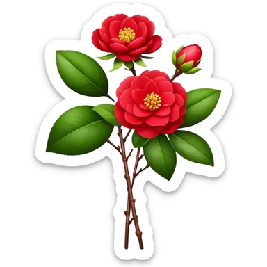 bouquet Red Camellia, luxuriant, stem, leaf, bud sticker