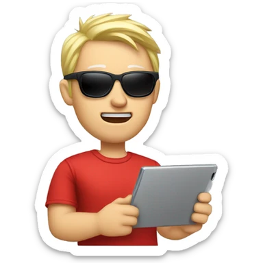 Nerdy middle aged white man with short blond spiky hair looking confused and wearing sunglasses and a red tee shirt holding an electronic tablet sticker