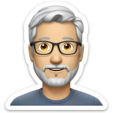 40 year old Caucasian man with browline glasses, grey hair and a goatee sticker