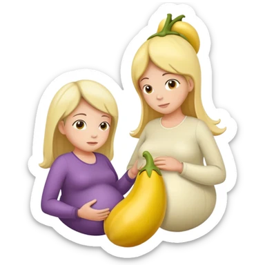 yellow eggplant attached to a pregnant person, with a bowing person turned to the side sticker