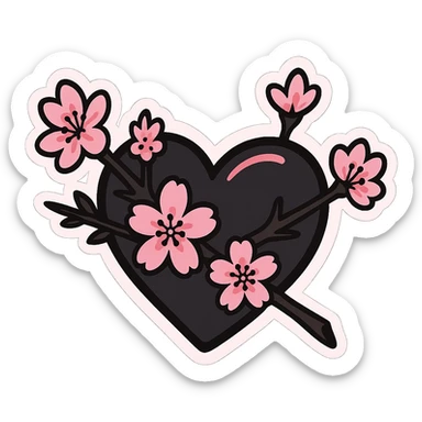 goth sakura heart, heart pierced by sakura branch, black and pink, expressive and fun sticker