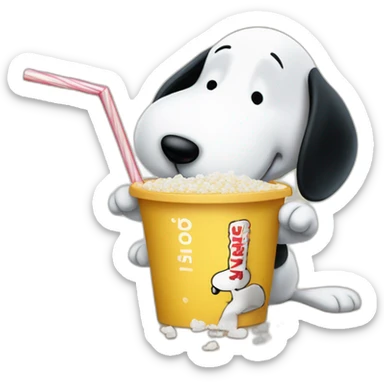 Snoopy holding a straw in his hand against his nose leaning over a table sucking up a pile of sugar sticker