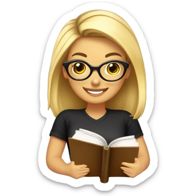chica profesora joven rubia pelo largo y liso, sonriendo con libros en una mano, con gafas pequeñas color marrón redondas, vestida con camiseta color negro y con pendientes de aros grandes color dorado  sticker