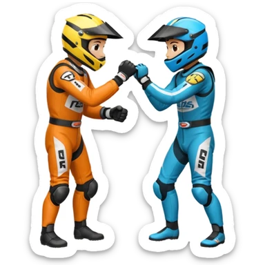 2 dirtbike racers in gear and gloves fist bumping sticker