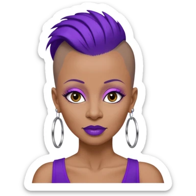57 years young,  brown skinned Black queen with a  no hair on side and a  mohawk hairstyle, purple lipstick,  purple eyeshadow,  droopy looking  eyes, hoop  design 
 earrings with the name Draya personalized on them.  sticker