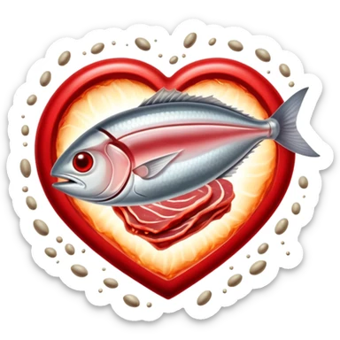 Ethereal red meat, liver, and sardines glowing with magical energy surrounding a bright red blood cell. Mystical light connects the foods to the blood cell and flows toward a heart and muscles, showing heme iron's role in creating vitality and energy throughout the body. sticker