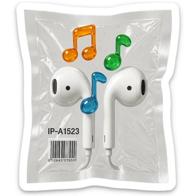 pair of white EarPods with three distinct colorful glass music notes floating above, glossy and puffy sticker