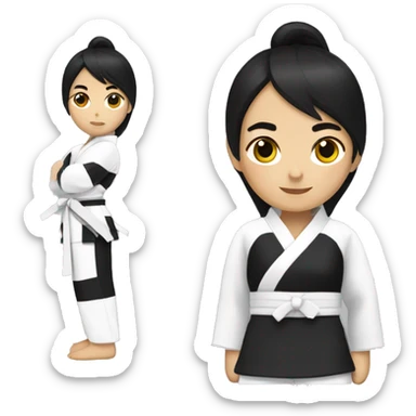 girl with black hair wearing a taekwondo dobok with white belt sticker