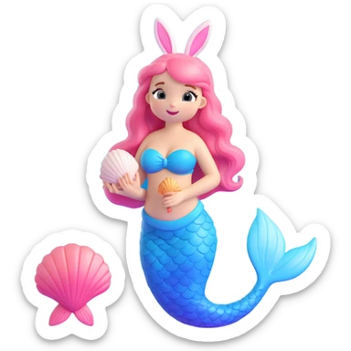 3D iOS-style illustration of a cute bunny mermaid holding a singing seashell, soft pastel colors, mermaid tail with gradient pink and blue hues, gentle whimsical expression, smooth rounded glossy style, Apple 3D emoji look sticker