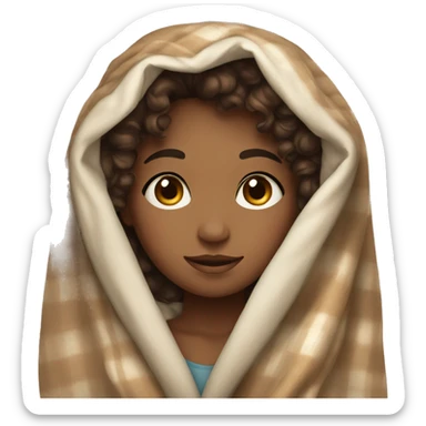 girl with brown curly hair and brown eyes with a blanket draped around her sticker
