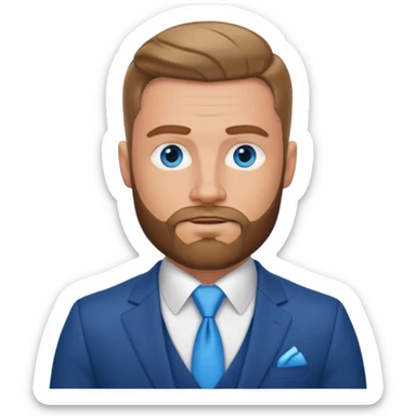 create a master of tactical finesse, a muscled white man in a bespoke suit, blue eyes with a beard sticker