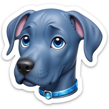 Cinematic Cute Blue Great Dane Portrait Emoji, Head tilted playfully and inquisitively, featuring a glossy blue Fur with a refined sheen, round, sparkling steel-blue eyes filled with curiosity, Simplified yet irresistibly adorable features, highly detailed, glowing with a warm, friendly glow, high shine, affectionate and gentle, stylized with a touch of whimsy, bright and endearing, soft glowing outline, capturing the essence of a mischievous yet loving pup, so playful it feels like it could lumber out of the screen and into your arms! sticker