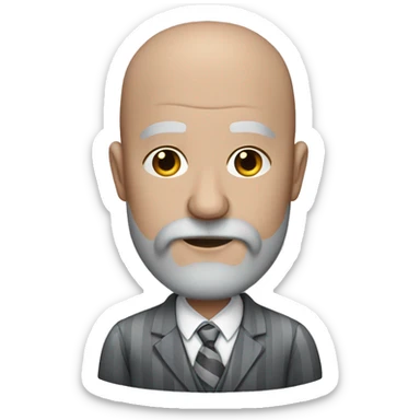 Slightly fat bald man with graying brown long beard. Wearing a grey striped suit sticker