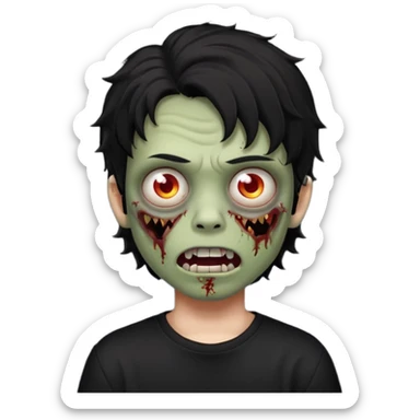 a boy with wavy hair, a zombie-shaped mouth piercing hum, and black hair with a black shirt too sticker