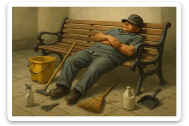 lazy janitor lying on a bench, cleaning supplies scattered, hat over eyes, sleeping sticker