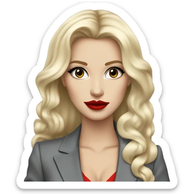 Russian Blonde long hair with big red lips small nose and black eyes Tiffany diamond seller in a grey suit sticker