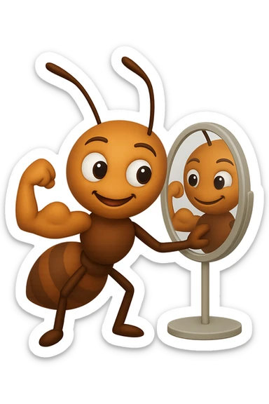 EMOJI STILE IPHONE 3D DI una formica che si guarda allo specchio felice e sicura di sè mentre contrae il suo bicipite muscoloso, fagli anche la parte bianca degli OCCHI, non solo la pupilla sticker